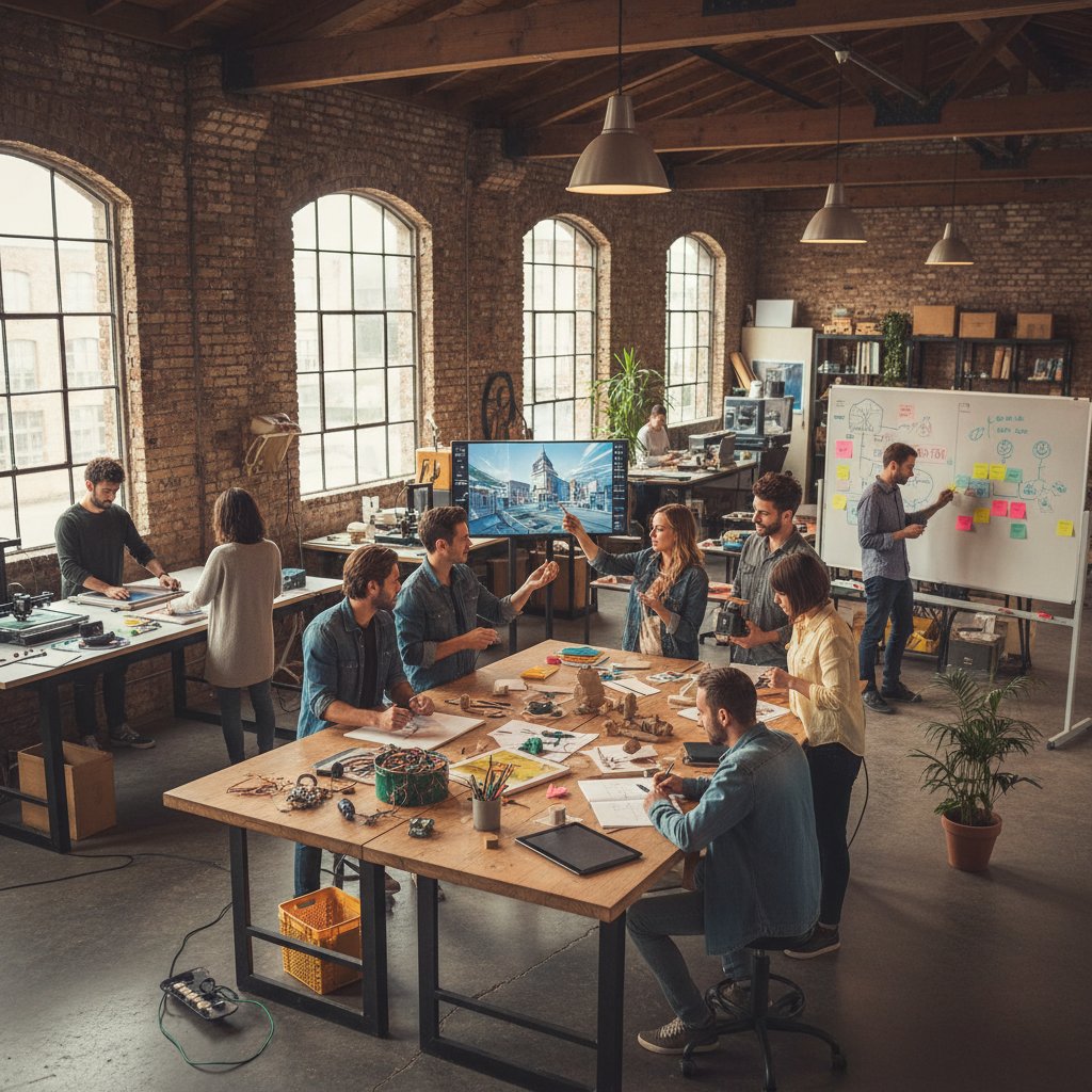 Zespół podczas intensywnego warsztatu kreatywnego, współpraca i energia