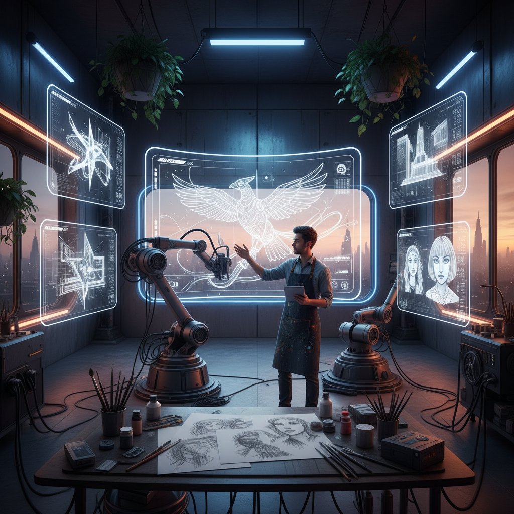 Nowoczesne studio kreatywne z robotycznym ramieniem malującym obraz obok artysty, ekrany z projektami i notatki