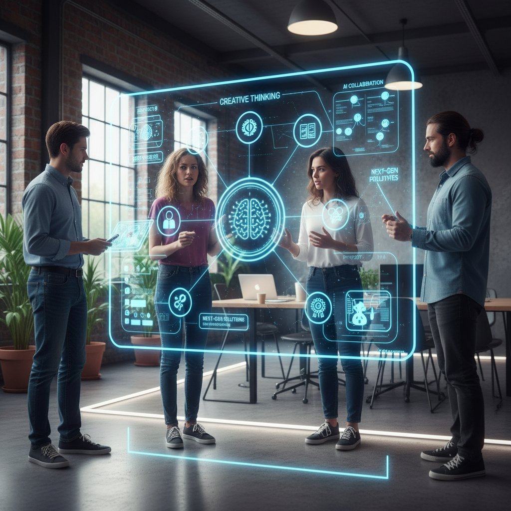 Grupa kreatywnych osób burza mózgów z AI na dużej cyfrowej tablicy, atmosfera energii i chaosu