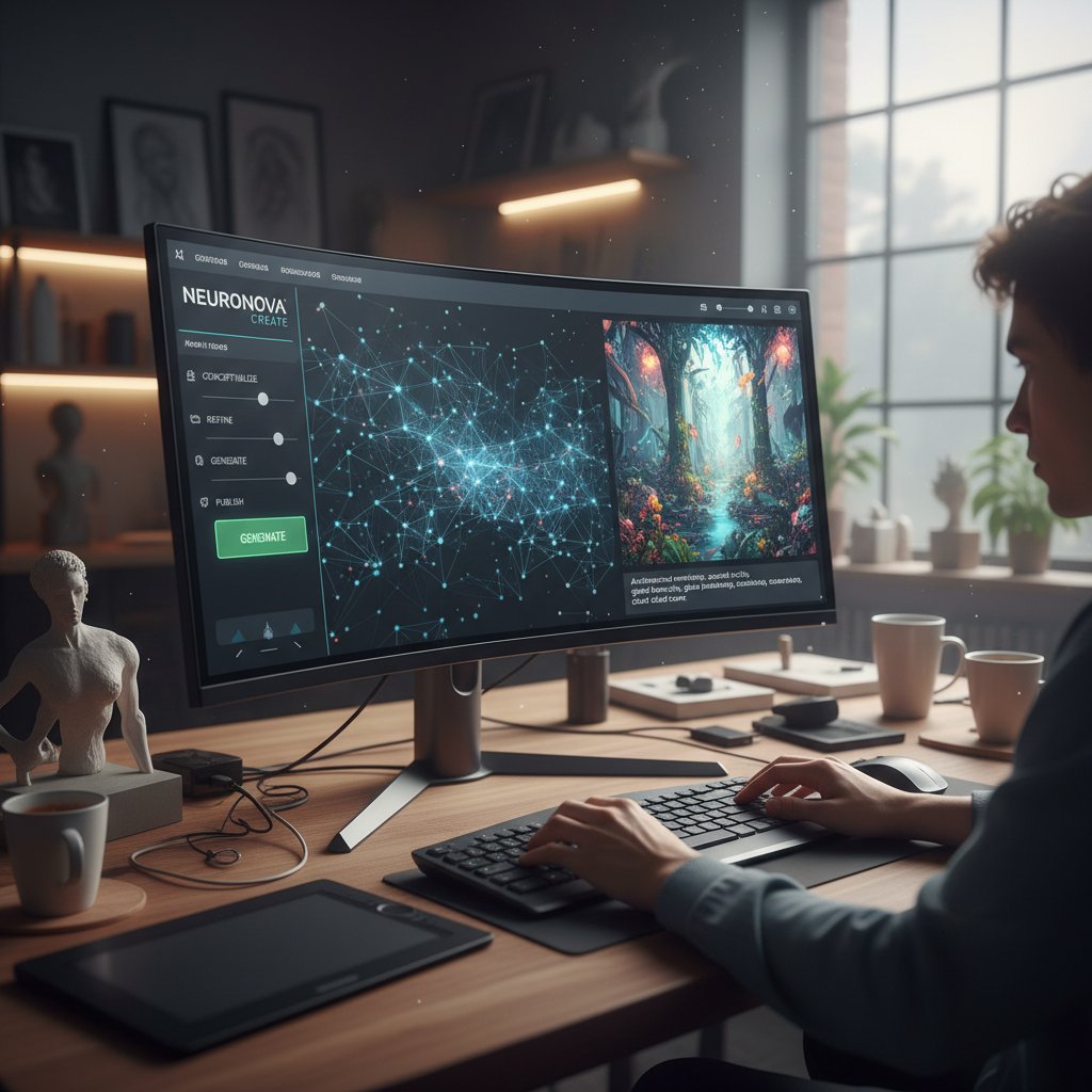 Twórca pracujący z AI, ekran komputera z otwartym narzędziem AI, skupienie, kreatywna atmosfera