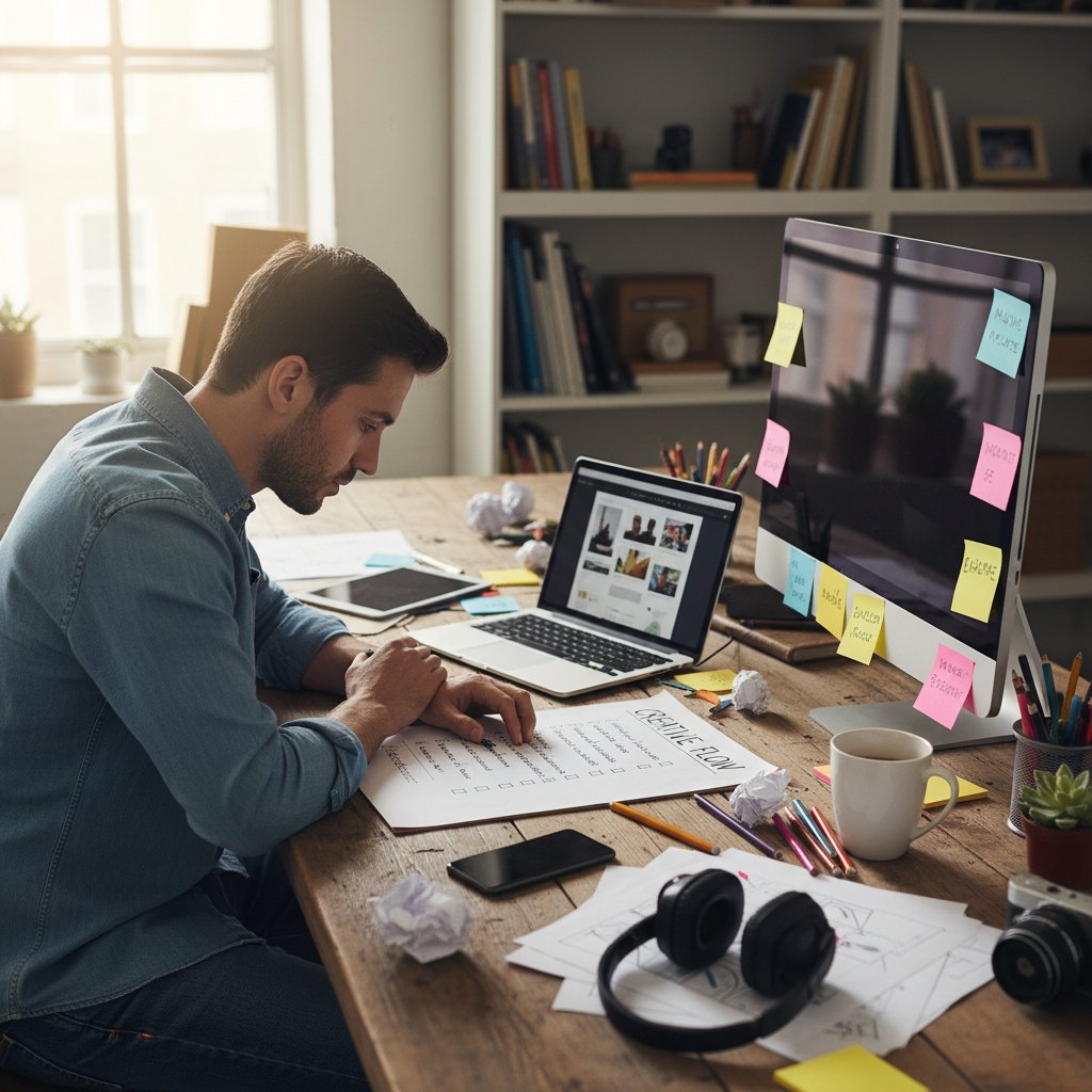Twórca odhaczający checklistę kreatywności na biurku pełnym notatek i urządzeń