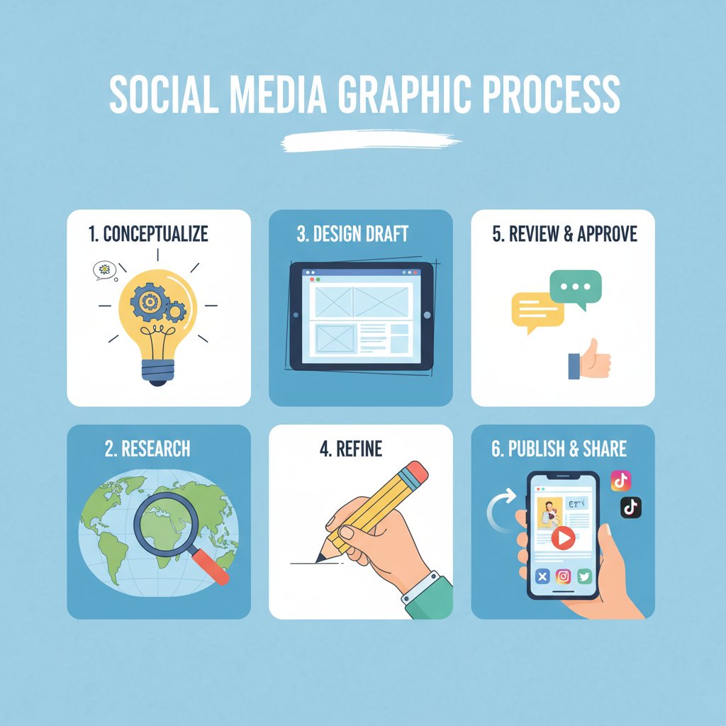 Twórca odhacza kolejne etapy procesu tworzenia grafiki social media na tablicy