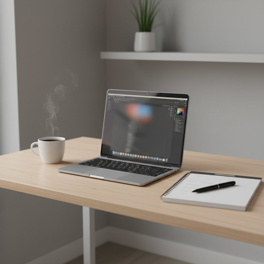 Twórca pracujący przy biurku w minimalistycznym otoczeniu, skupienie, otwarty laptop, notatnik, filiżanka kawy