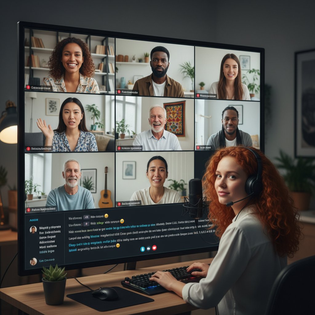 Twórca dyskutujący z grupą online, burzliwa wymiana opinii, emocje, wielokulturowa grupa