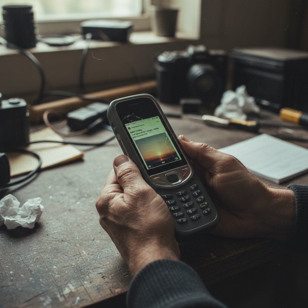 Autentyczny post tworzony na starym telefonie, zbliżenie na dłonie i pęknięty ekran