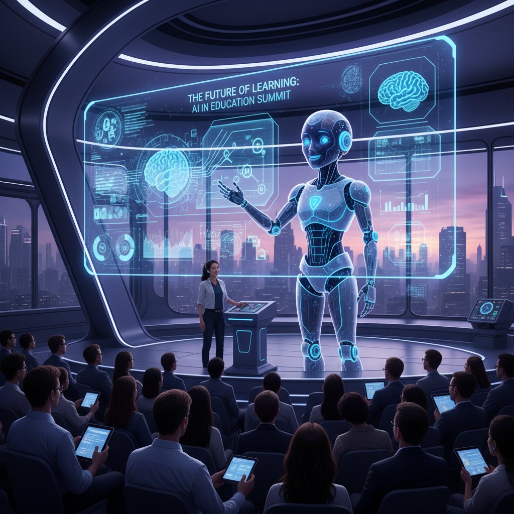 Twórca prezentujący własną postać AI na konferencji edukacyjnej