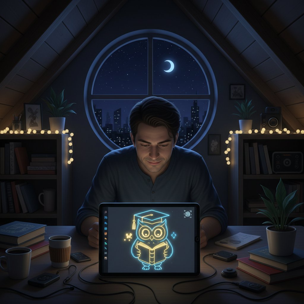 Twórca pracuje nad nową postacią edukacyjną nocą, kreatywność i zaangażowanie