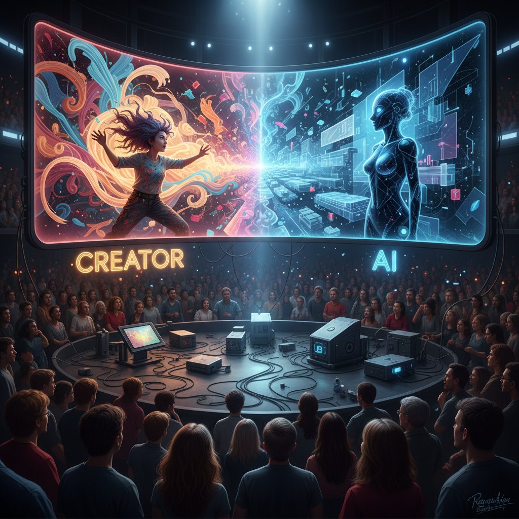 Twórca i AI w kreatywnym starciu, dynamiczna scena, ekran komputera, walka o uwagę odbiorcy