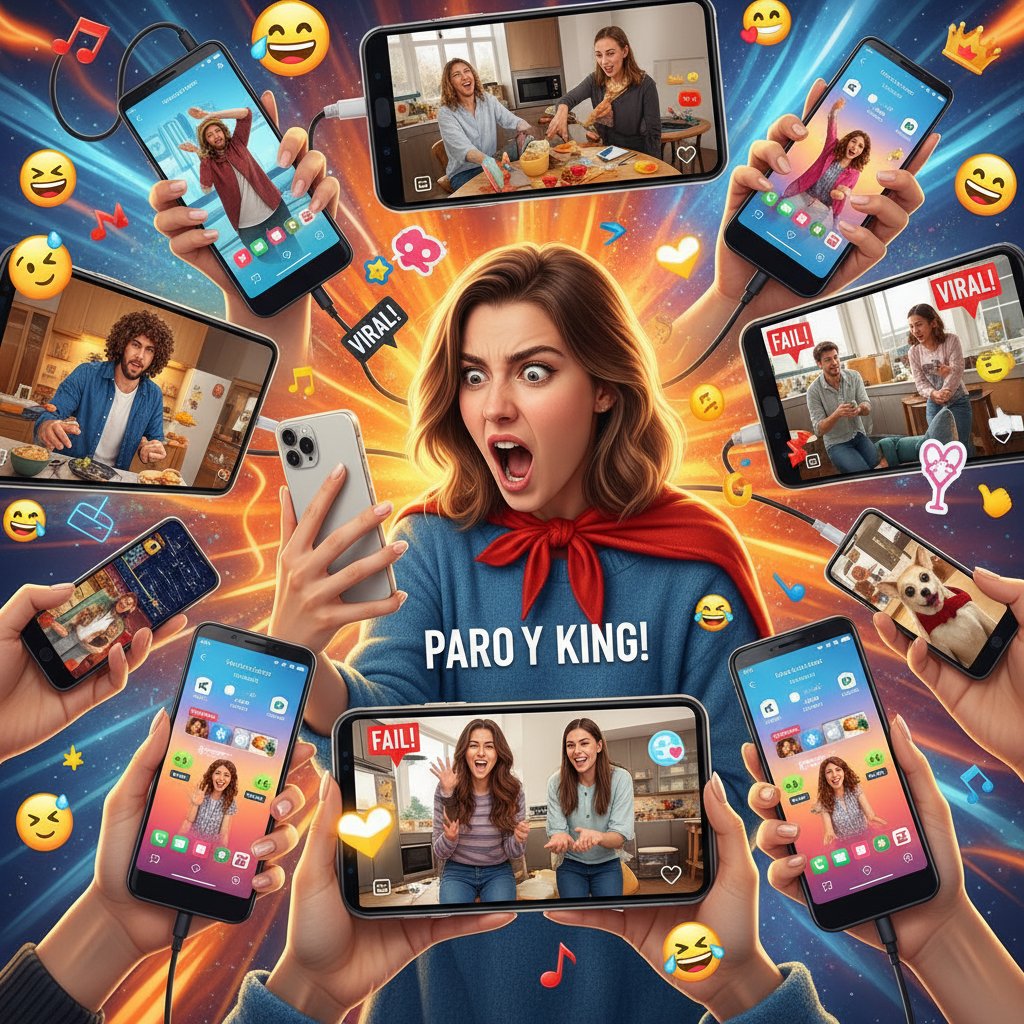 Creators making parody videos for social media, dynamic collage on smartphones, energetic mood