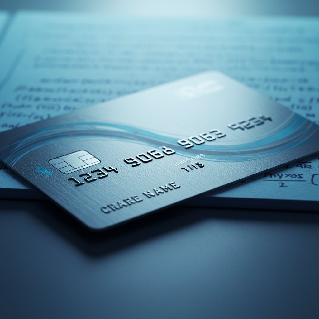 Karta płatnicza i notatki z fizyki jako symbol kosztów korepetycji