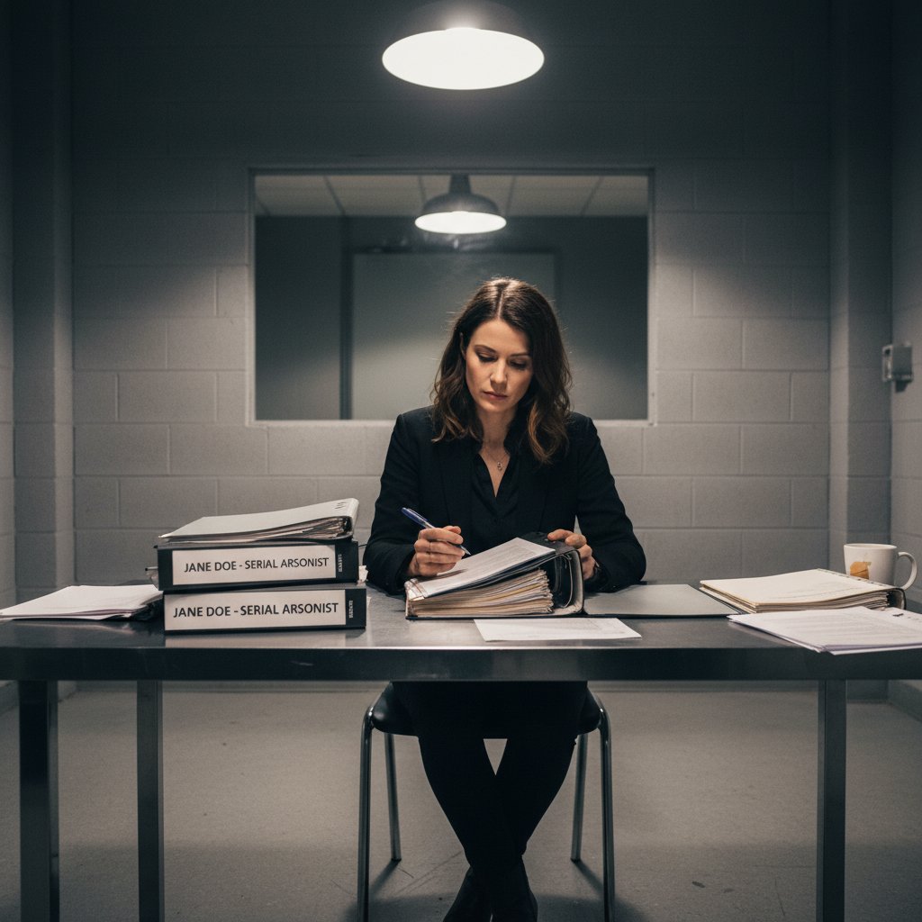 Psycholog kryminalny analizuje akta sprawy w ciemnym pokoju przesłuchań, otoczenie pełne dowodów i dramatycznego światła