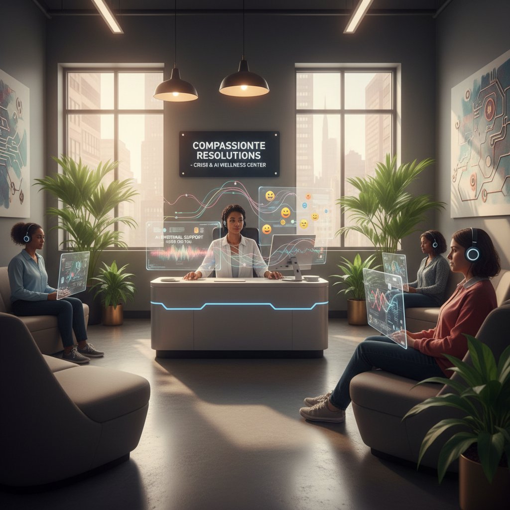 Osoba w centrum kryzysowym korzystająca z AI do wsparcia emocjonalnego