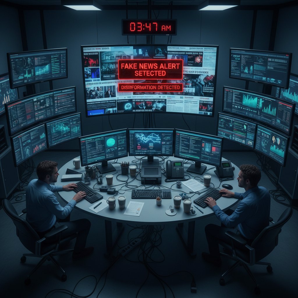 Biuro kryzysowe firmy analizujące fake newsy na monitorach, atmosfera napięcia, walka o reputację
