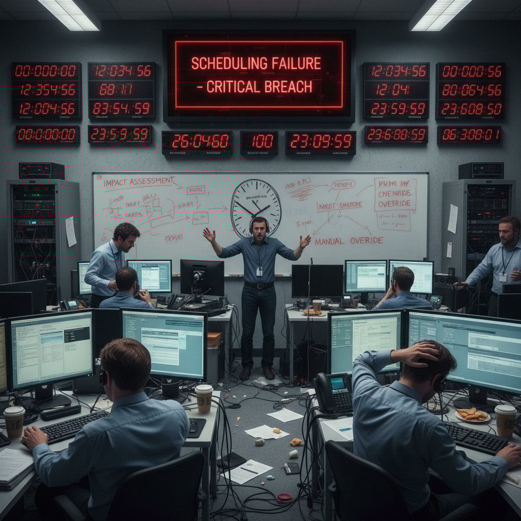 Crisis team responding to scheduling failure, digital clocks and screens everywhere, tense war room