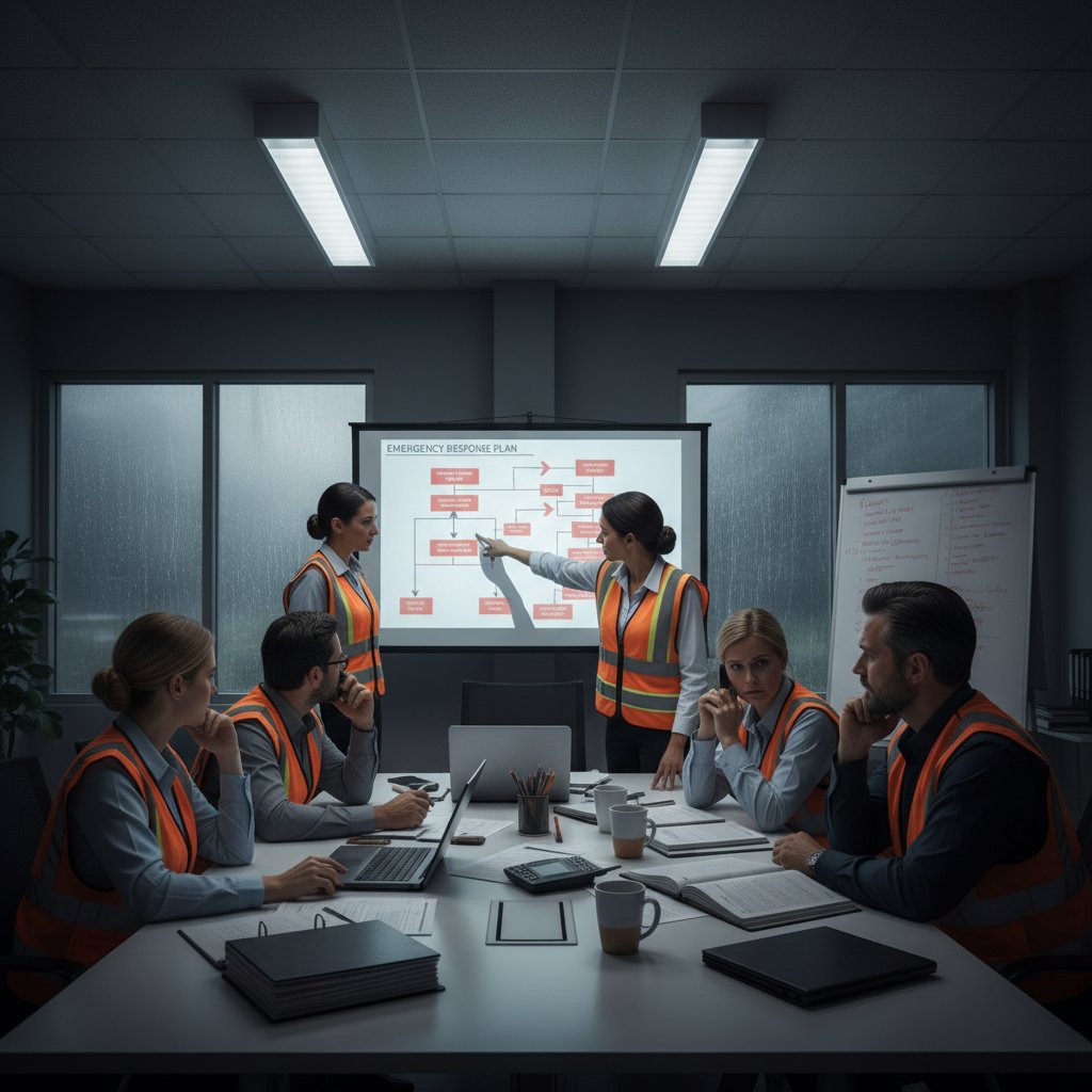 Zespół kryzysowy firmy pracujący nad planem awaryjnym, napięta atmosfera