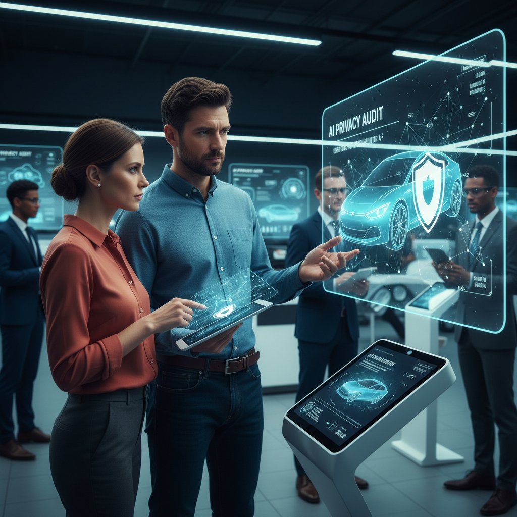 A savvy buyer reviewing AI recommendations with a critical eye, privacy settings open on the screen