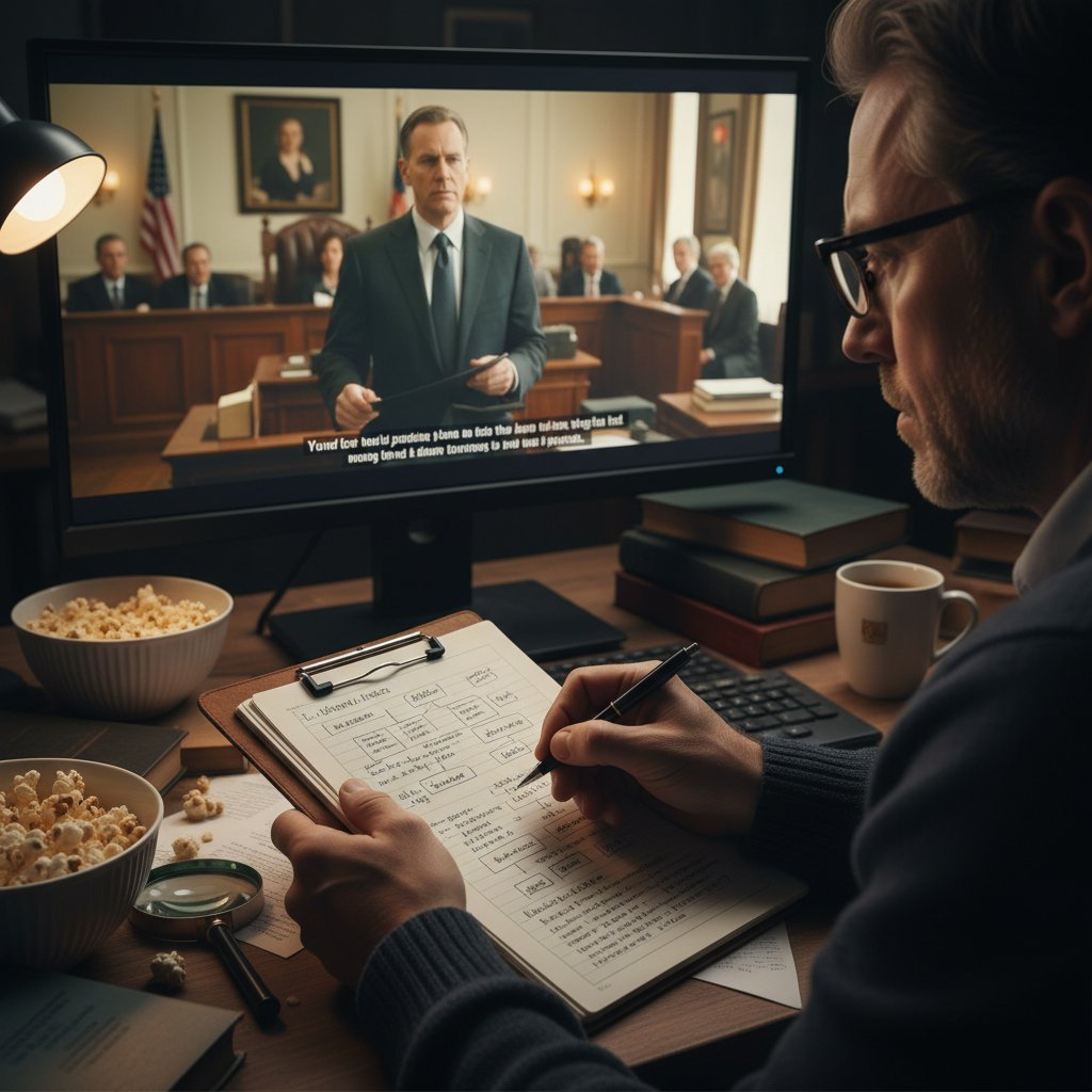 Critical viewer watching legal thriller, taking notes in cozy setting