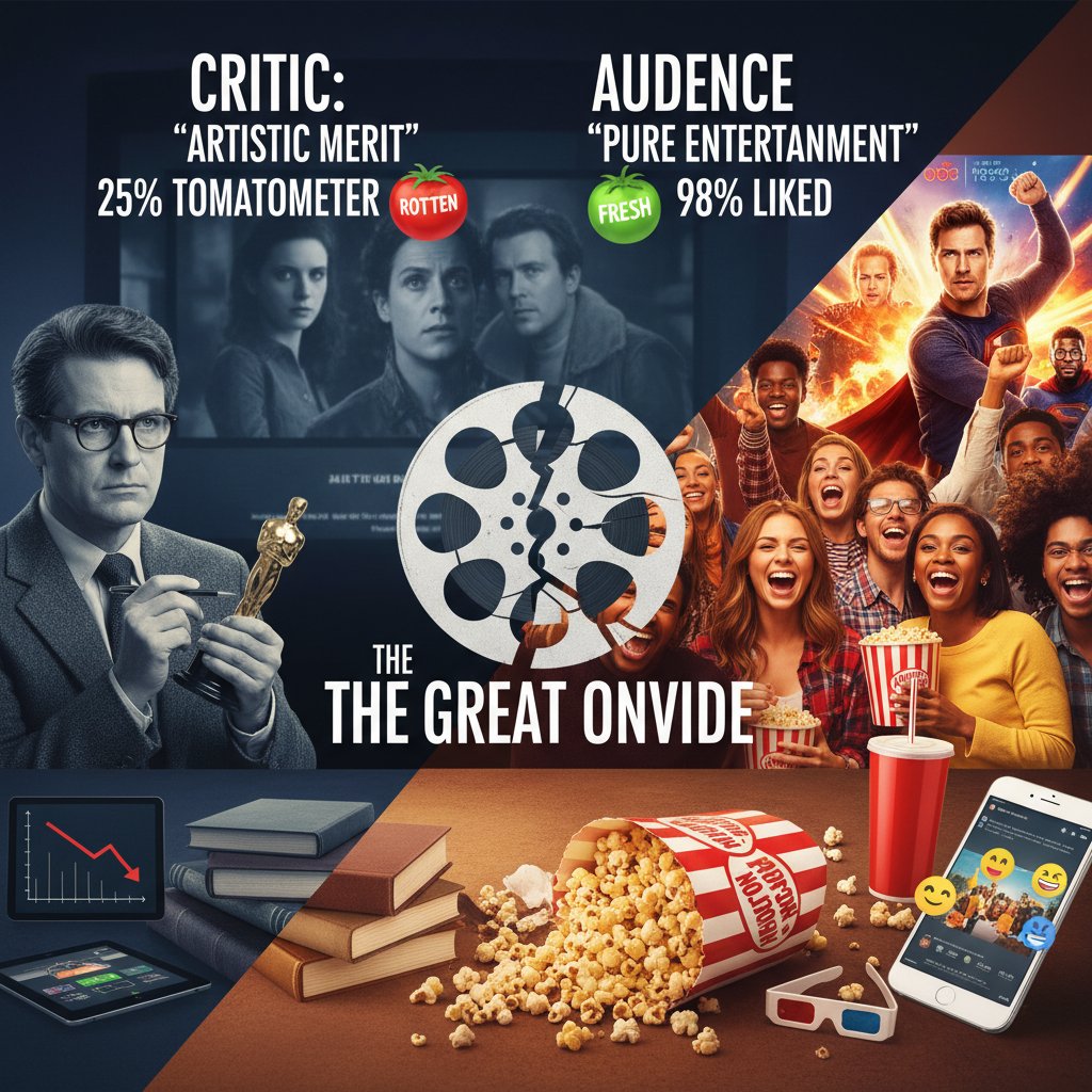 Critics vs. audience debate over film—split image, heated argument about best movies and cinematic controversies