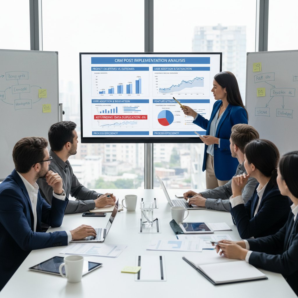 Zespół analizujący wyniki wdrożenia CRM, po początkowym entuzjazmie pojawia się refleksja
