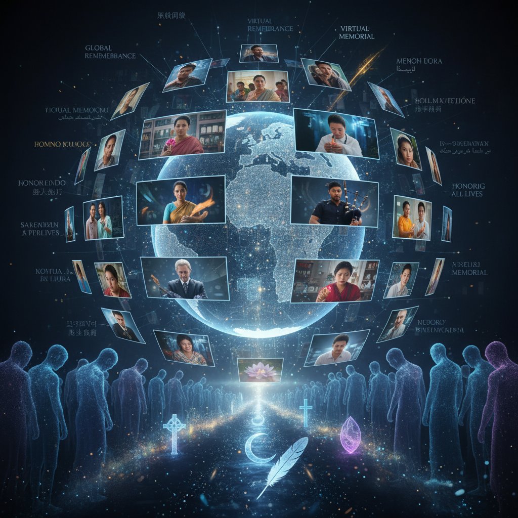 A collage of screens displaying diverse cultural mourning rituals online, showing global variation in digital remembrance