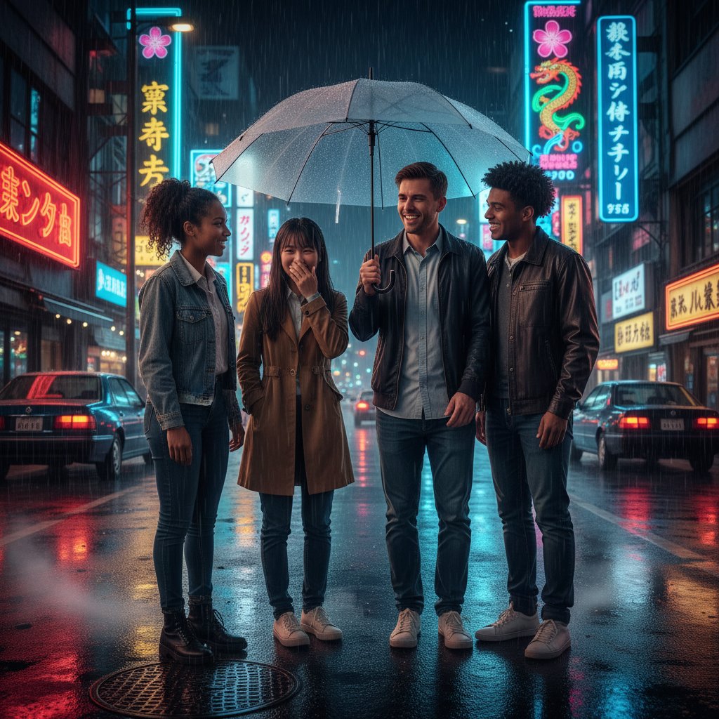 Cross-cultural friends bonding over subtle humor in Tokyo, neon signs, rain-slicked pavement, reflective mood, movie lost in translation humor