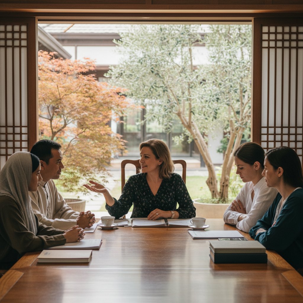 A family gathered in a living room, multicultural members engaged in respectful discussion, representing cross-cultural mediation