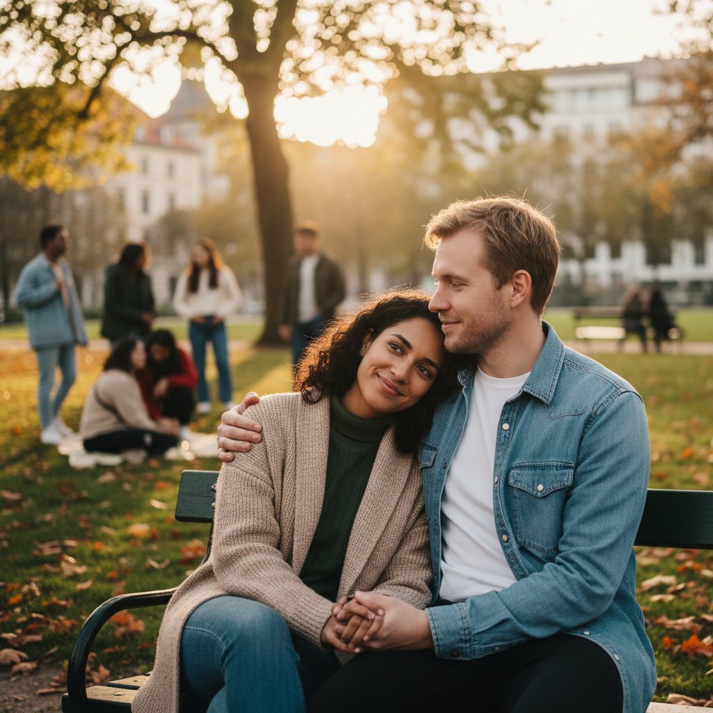 Couple from different backgrounds sharing an intimate moment in public, illustrating cultural differences in emotional safety