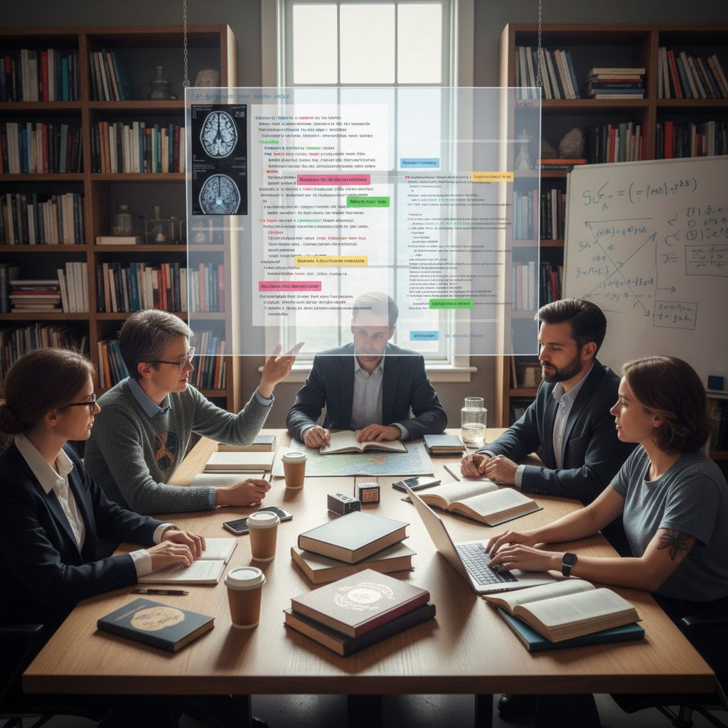 Team of editors from different disciplines collaborating on manuscript
