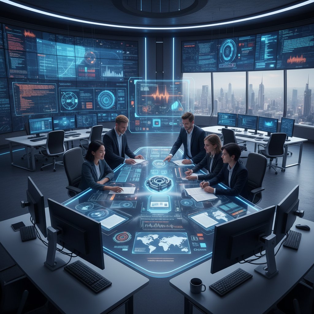 A cross-functional team in a high-tech workspace using AI for multimodal document analysis