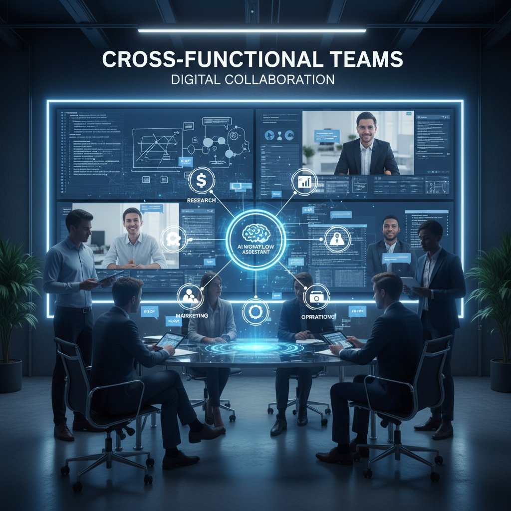 AI-powered teammate bridging cross-functional business teams, symbolizing digital collaboration and workflow integration