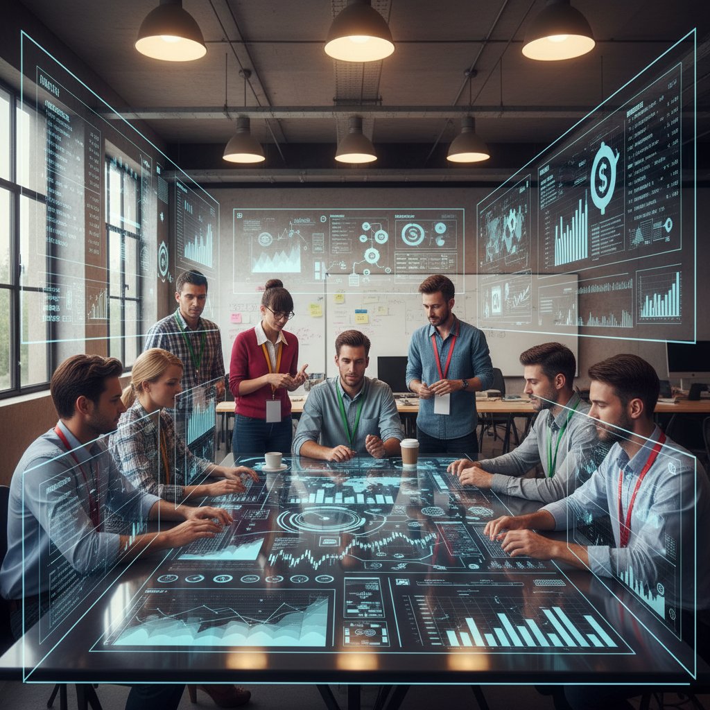 Photo of cross-functional business teams collaborating over integrated digital financial data