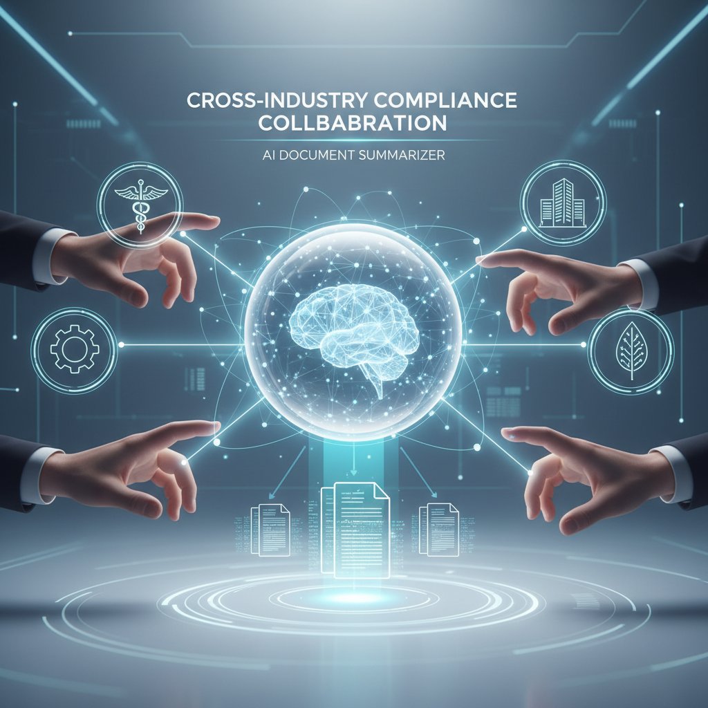 Diverse professionals (healthcare, tech, government) collaborating over digital schematics, reflecting cross-industry compliance collaboration with AI document summarizer for compliance management