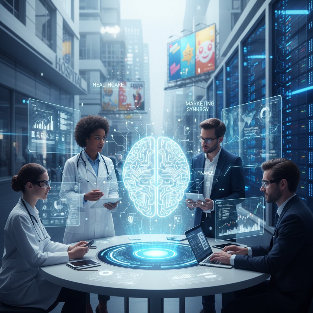 Photo of diverse professionals from healthcare, marketing, tech, and finance collaborating, with AI assistant on display, visualizing cross-industry AI adoption