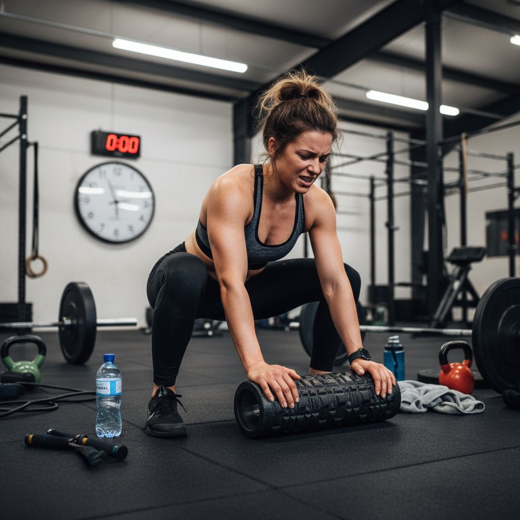 Crossfiter używający wałka do masażu po treningu, regeneracja, rollowanie crossfit