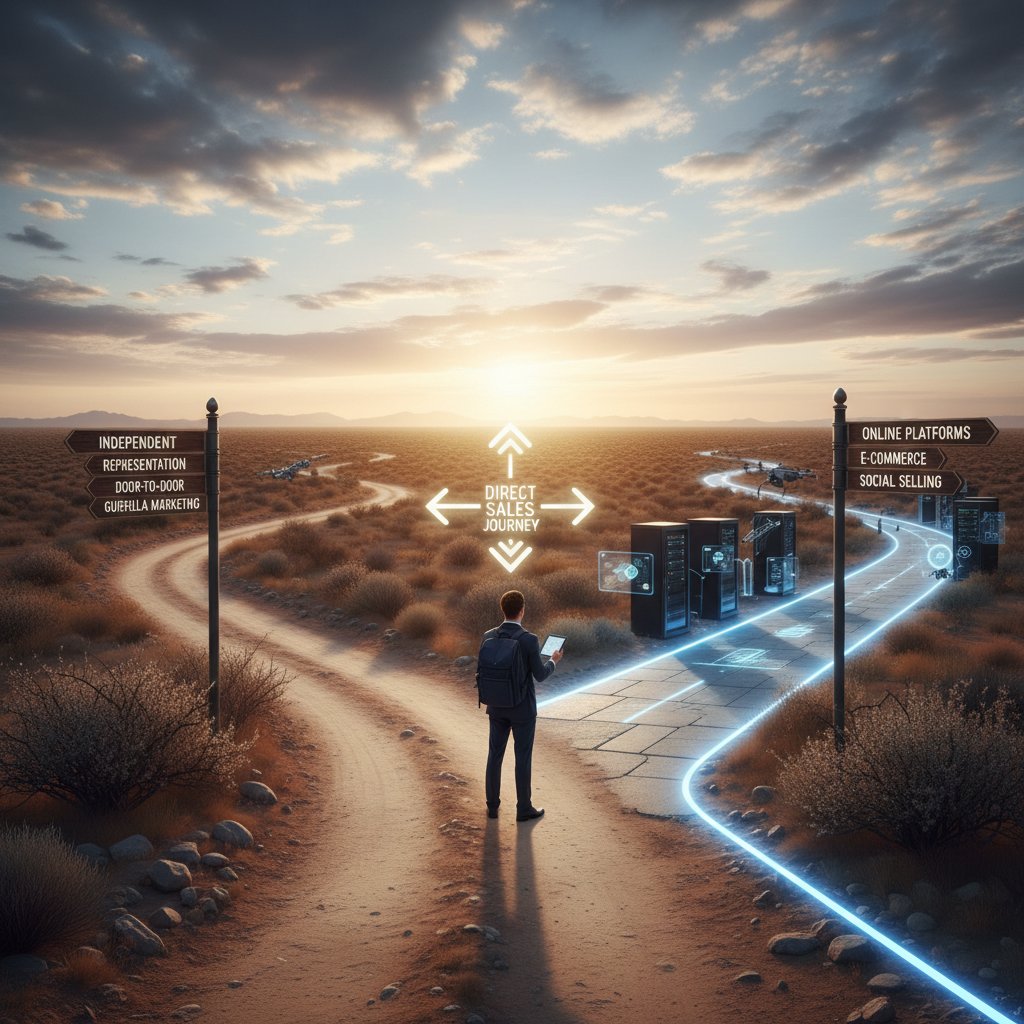 Symbolic photo of a person at a crossroads, deciding on a path in direct sales