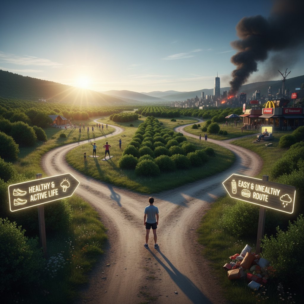 Symboliczne rozdroże – wybór drogi, decyzja o zdrowym stylu życia z omega 3