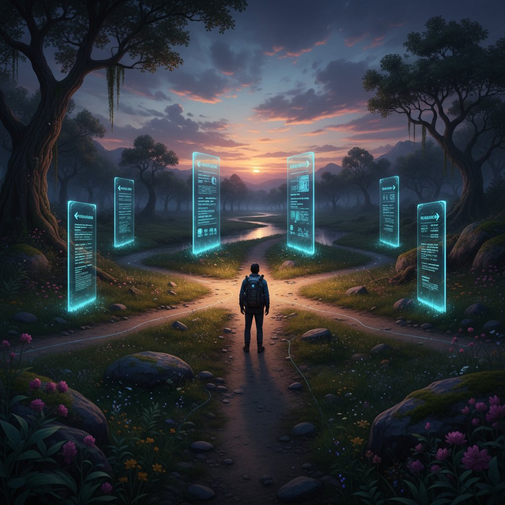 Rozdroże edukacji – wybór między online a offline, symboliczny krajobraz, znak cyfrowy i tradycyjny