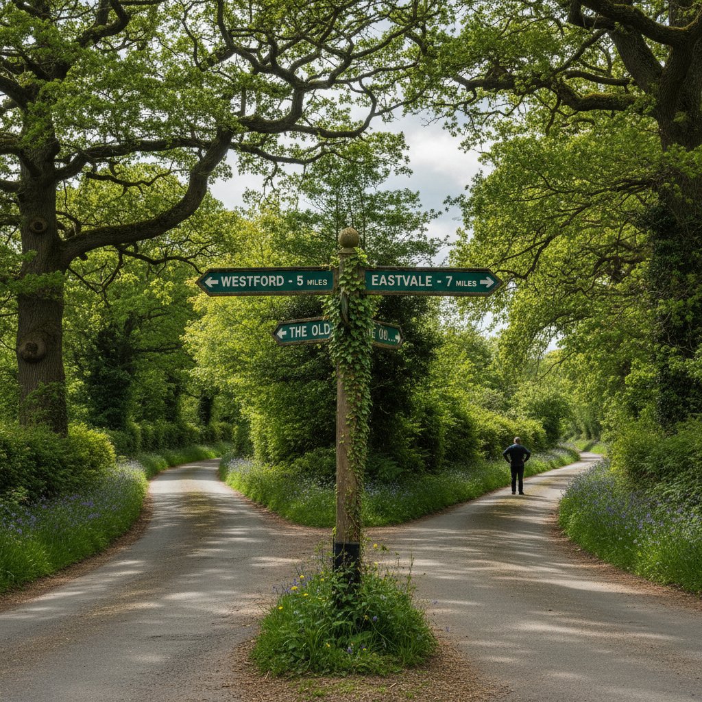 Symboliczne rozdroże z tablicami z angielskimi słowami, droga, zieleń, decyzje