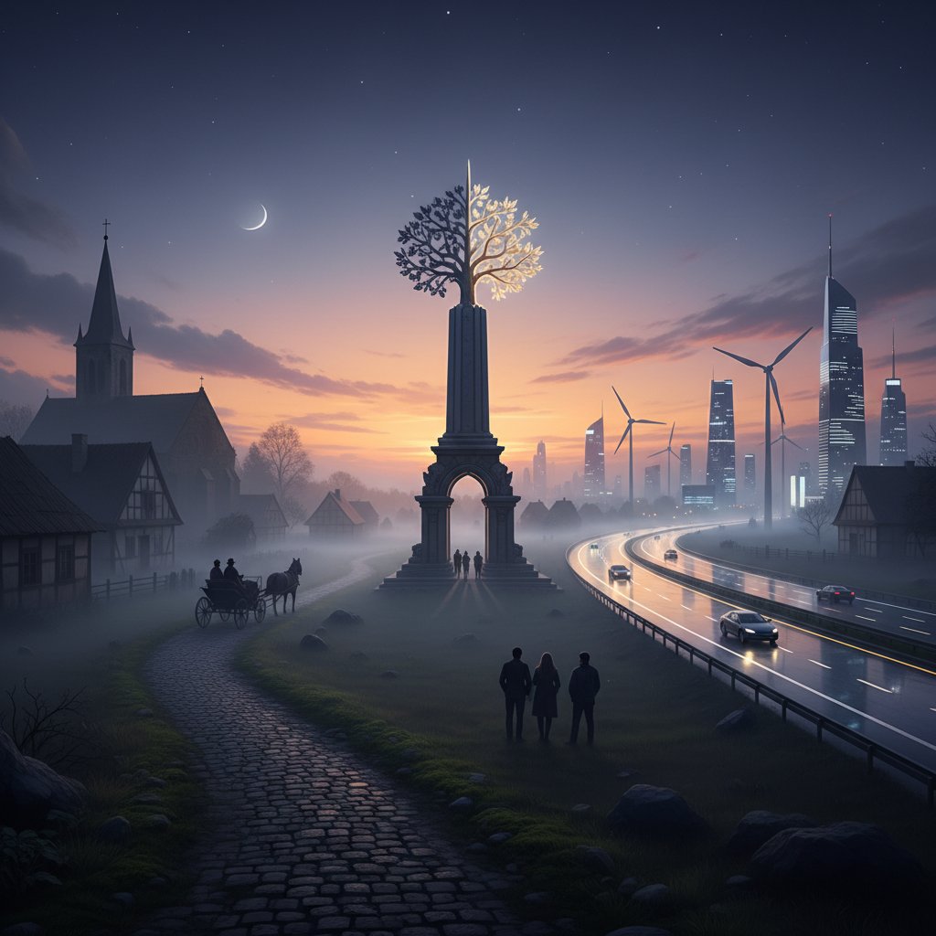 Polska na rozdrożu między tradycją a technologią, symboliczna scena