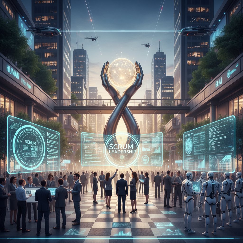 Symboliczna grafika skrzyżowania człowieka i AI w prowadzeniu scrum, rozdroże, wybór