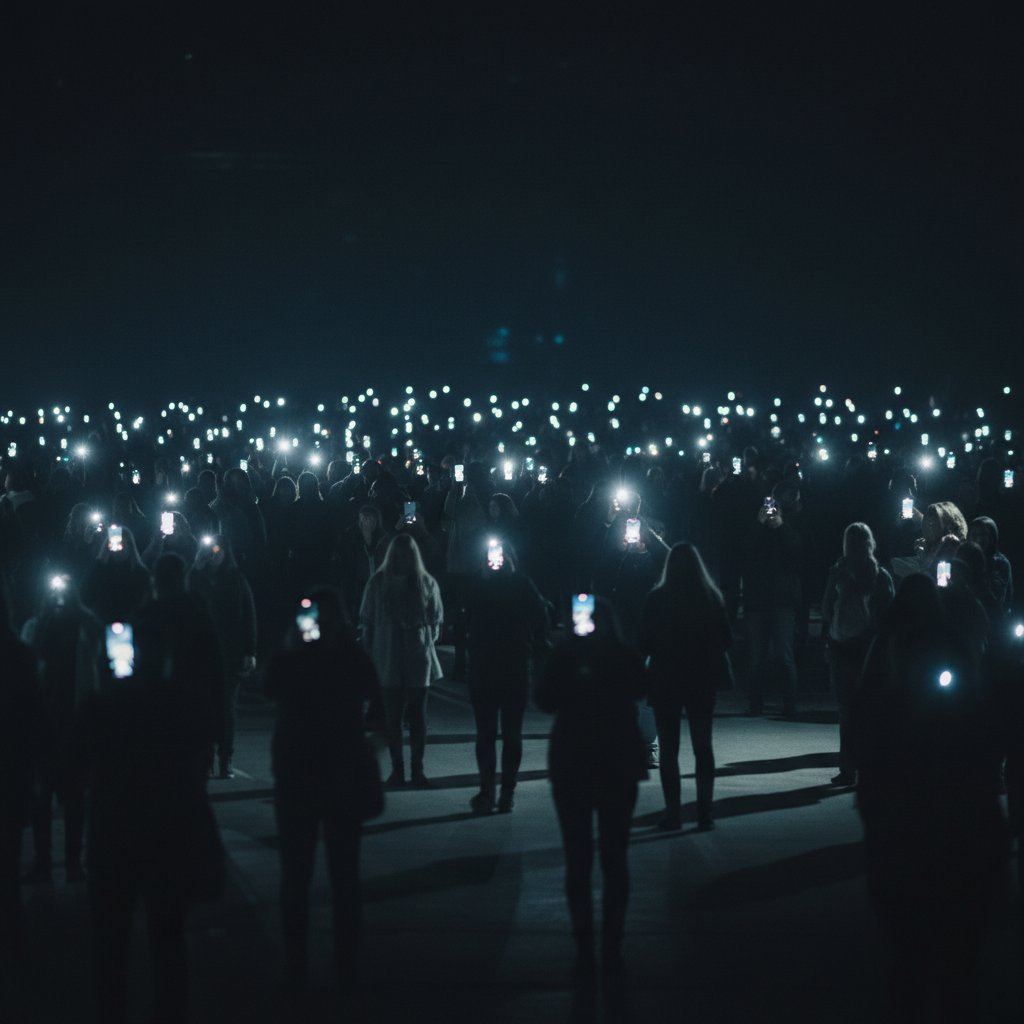 Tłum ludzi w półmroku, twarze rozmyte, tylko ekrany telefonów świecą jasno