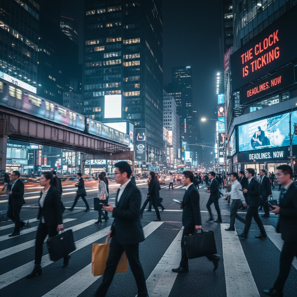 Tłum ludzi w pośpiechu, dynamiczne światła wielkiego miasta, symbolizujące presję współczesności