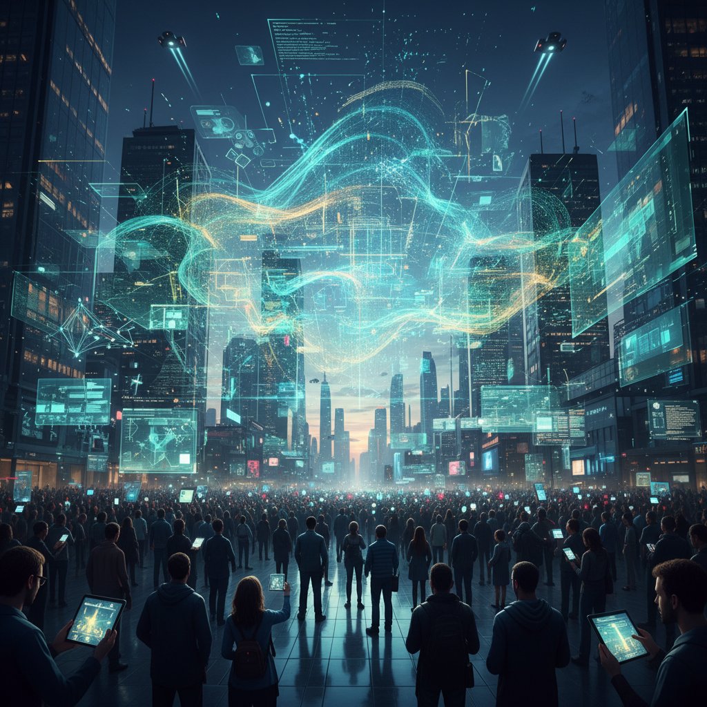 Tłum ludzi z cyfrowymi nałożeniami symbolizującymi kolektywną inteligencję