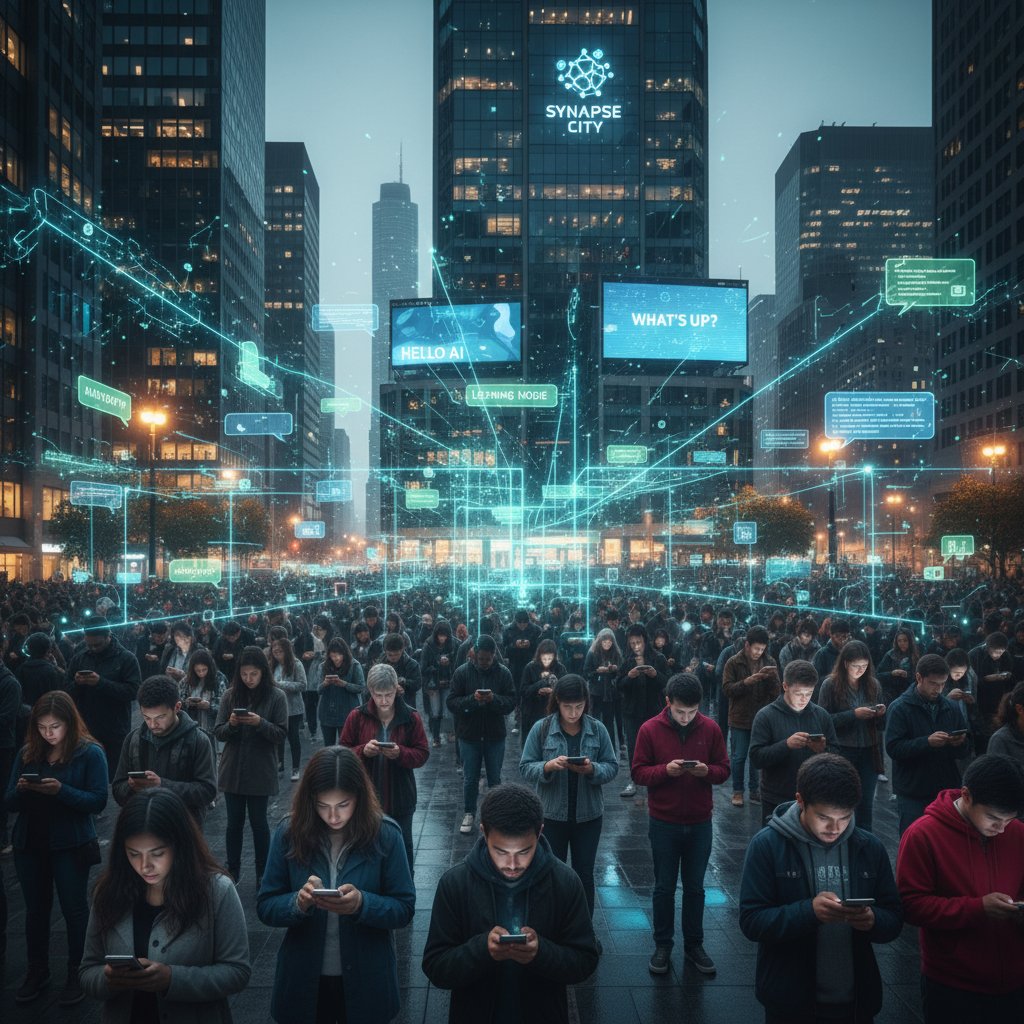 Zdjęcie: Tłum ludzi korzystających z urządzeń mobilnych na ulicy metropolii, symbol masowości