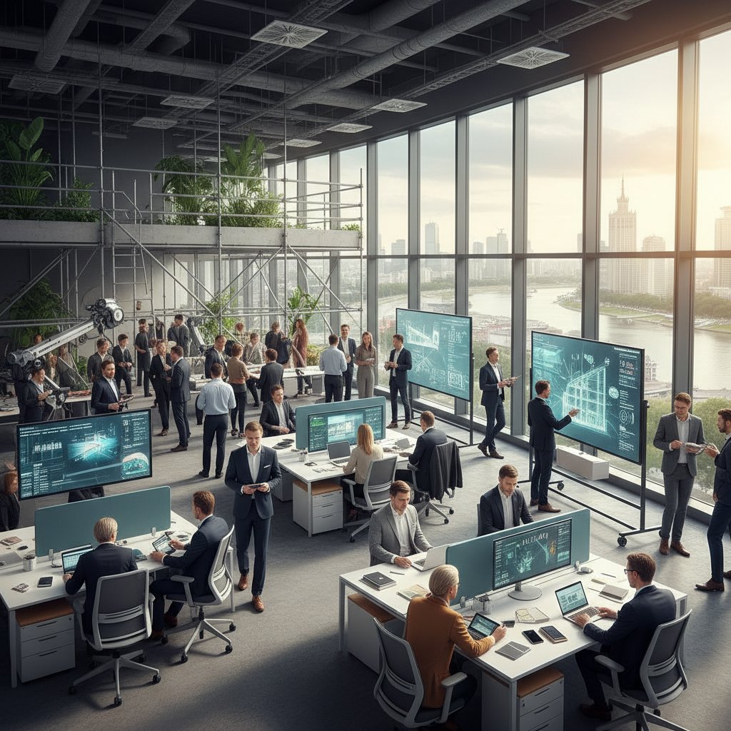 Tłum ludzi na tle nowoczesnych biur, pokazujący dynamikę rynku pracy w Polsce, atmosfera ruchu i zmian