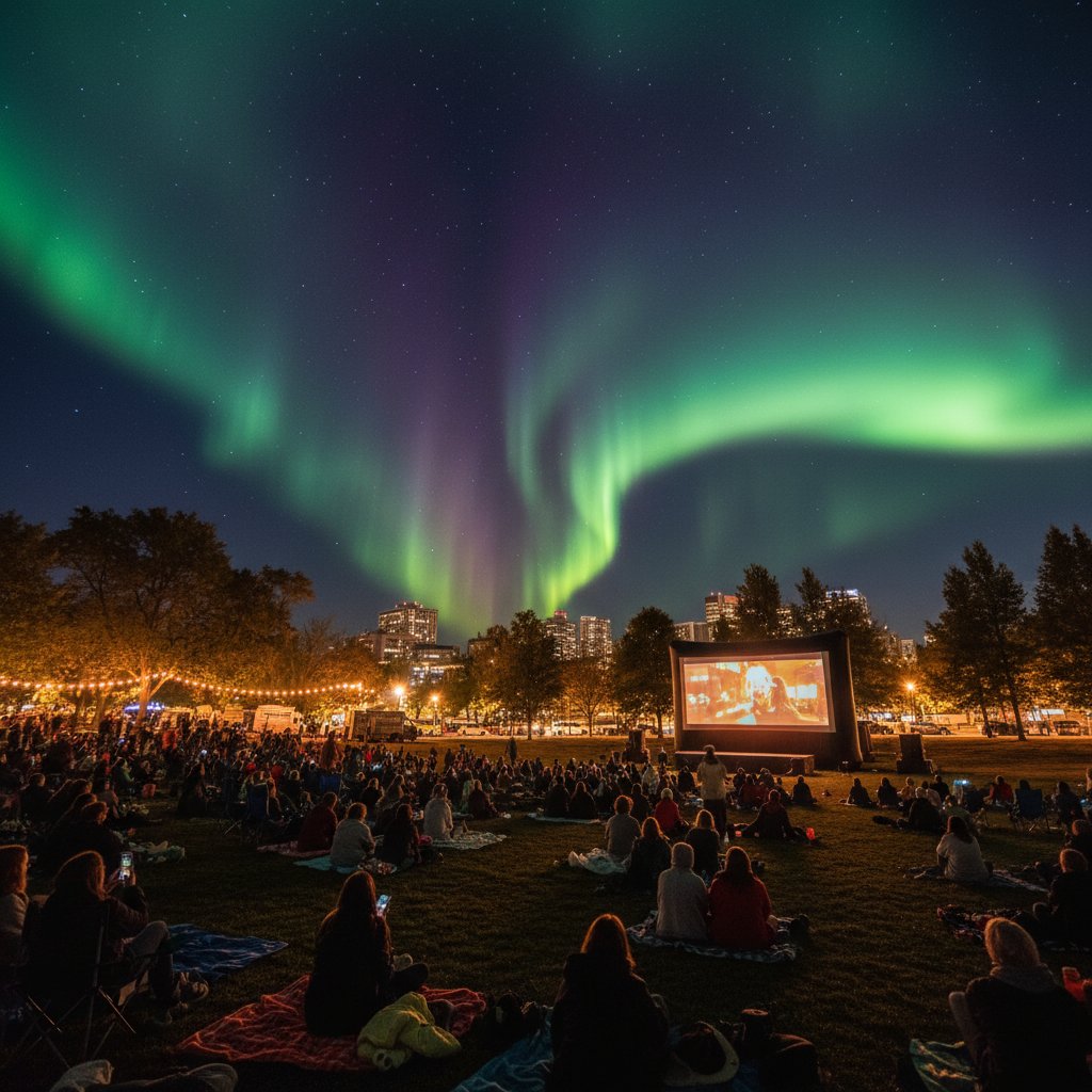 Crowd at open-air Scandinavian film screening under northern lights