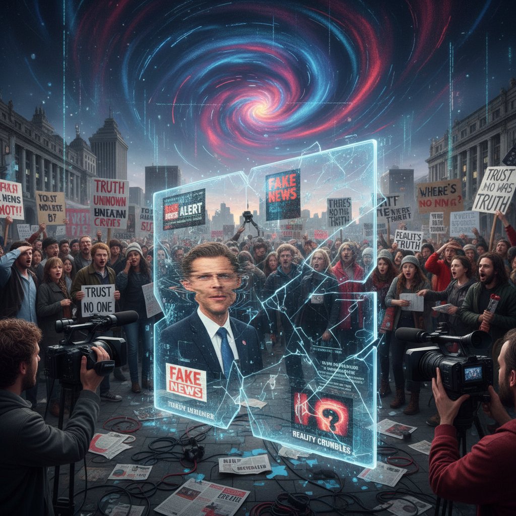 Tłum z transparentami, twarze zniekształcone przez media – ilustracja społecznych skutków afer dezinformacyjnych