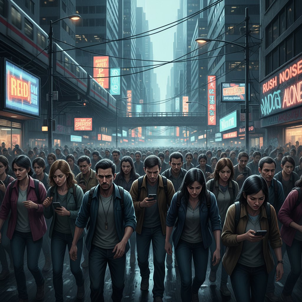 Zdjęcie miejskiego tłumu o zachmurzonych twarzach, oddającego atmosferę presji i stresu społecznego