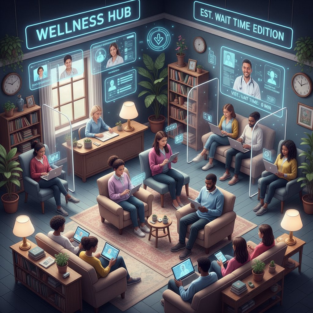 Tłum Polaków w poczekalni oraz osoba korzystająca z porady online w domu