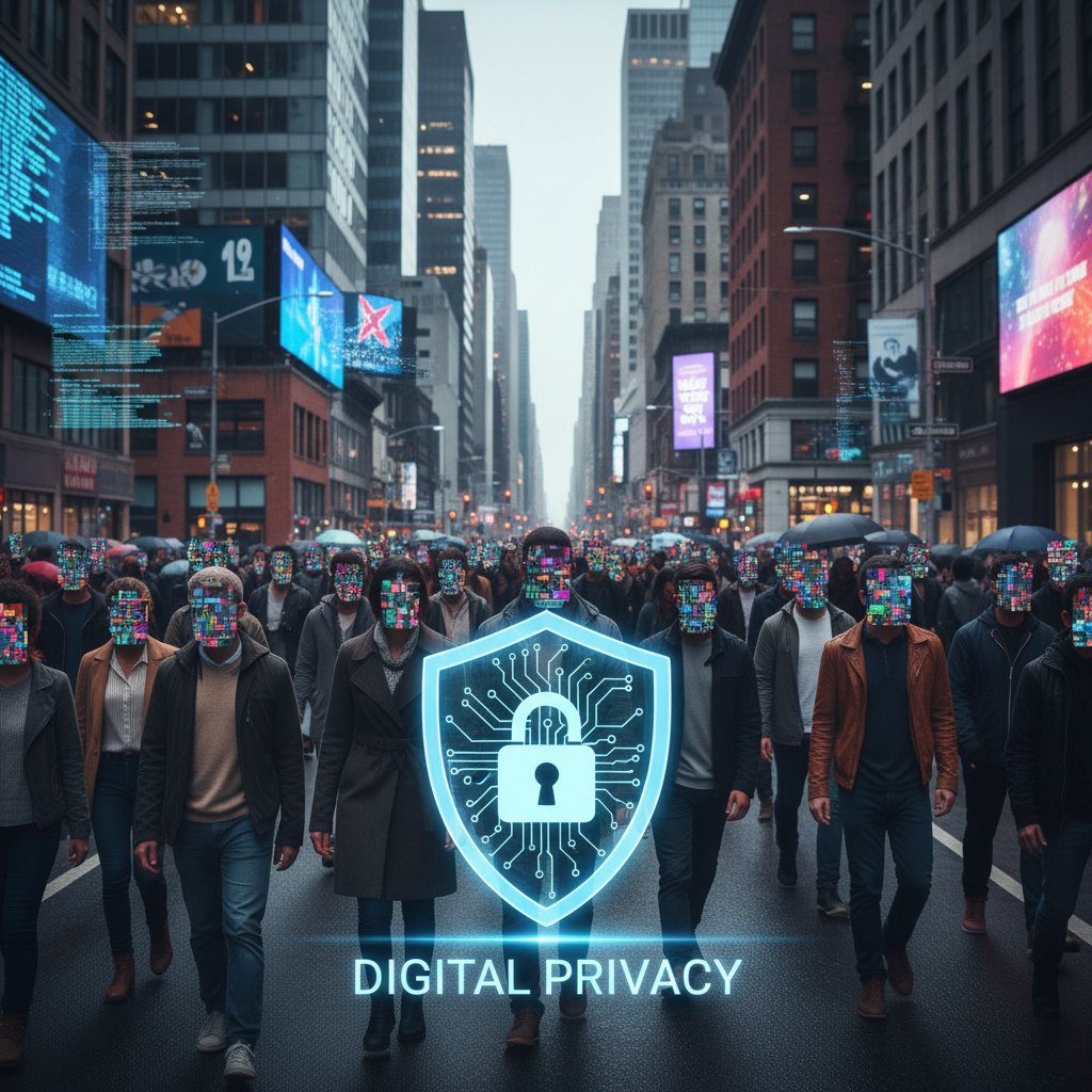 Grupa ludzi w miejskim tłumie, twarze częściowo zamazane, atmosfera anonimowości